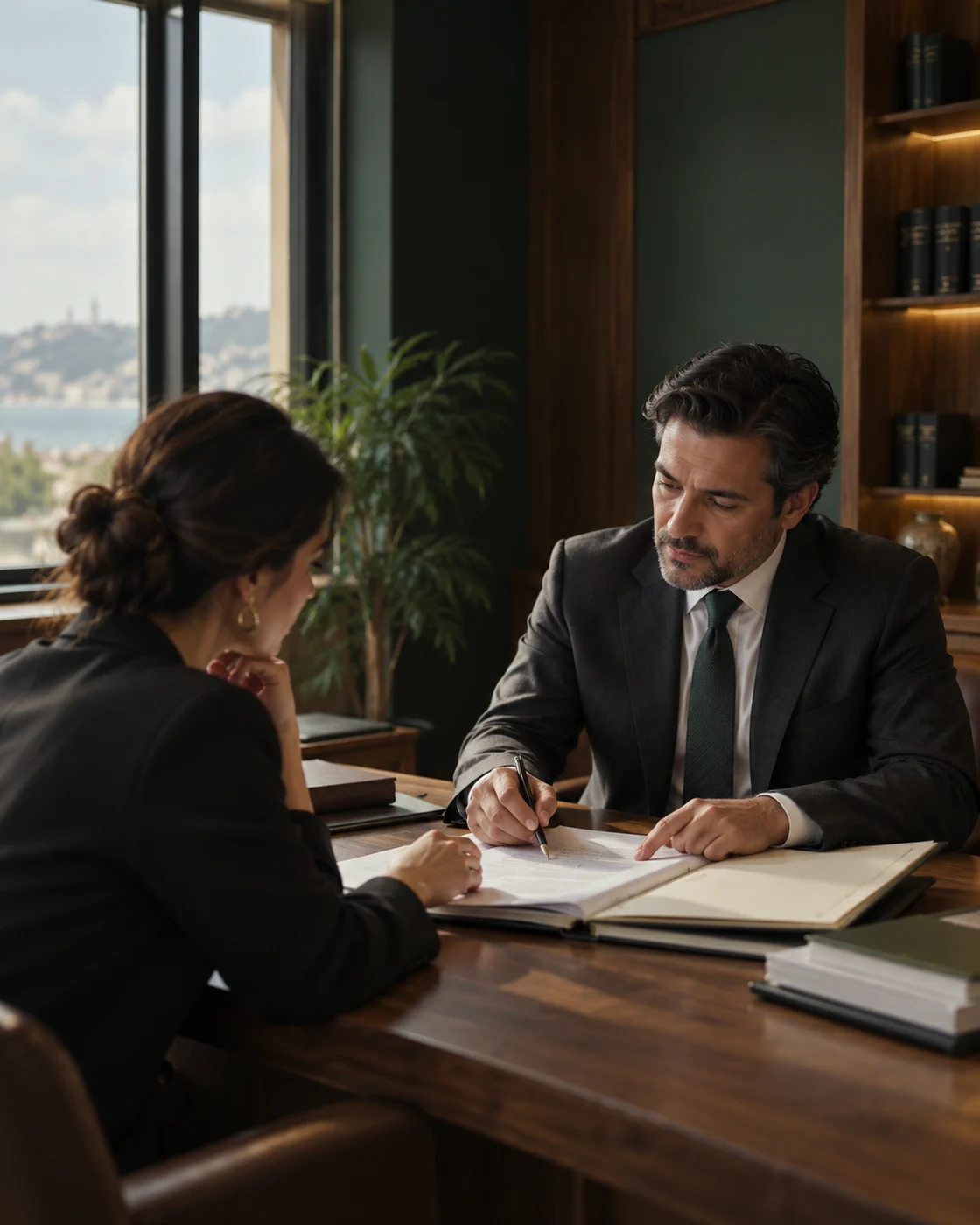 Avukatla belgelerin birlikte incelendiği görüşmeyi temsil eden sahne